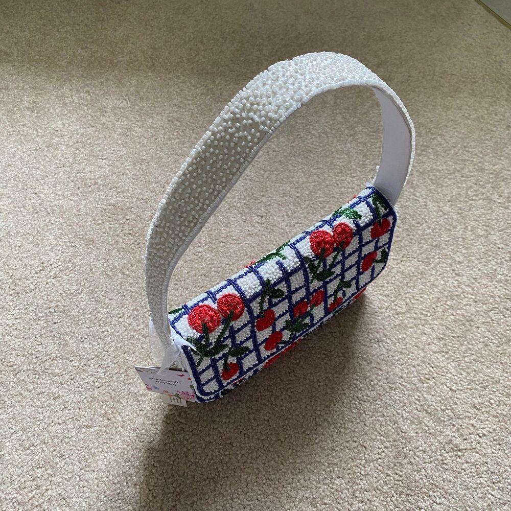 Viral Cherry Beaded Shoulder Bag NWT Navy White Red Green Summer Purse Vacation - Picture 3 of 12